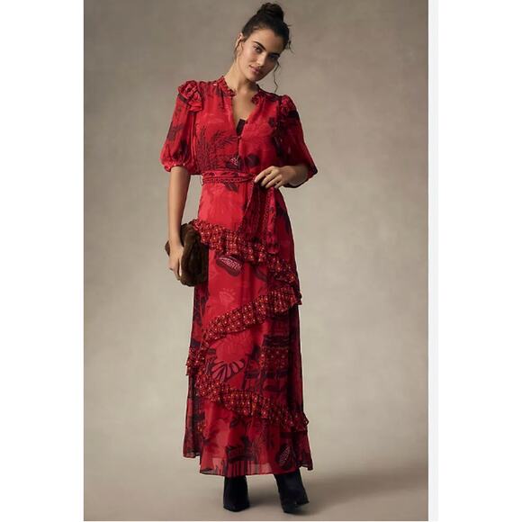 FARM Rio Dresses & Skirts - Anthropologie Farm Rio Short-Sleeve Printed Ruffled Midi Dress Small NEW